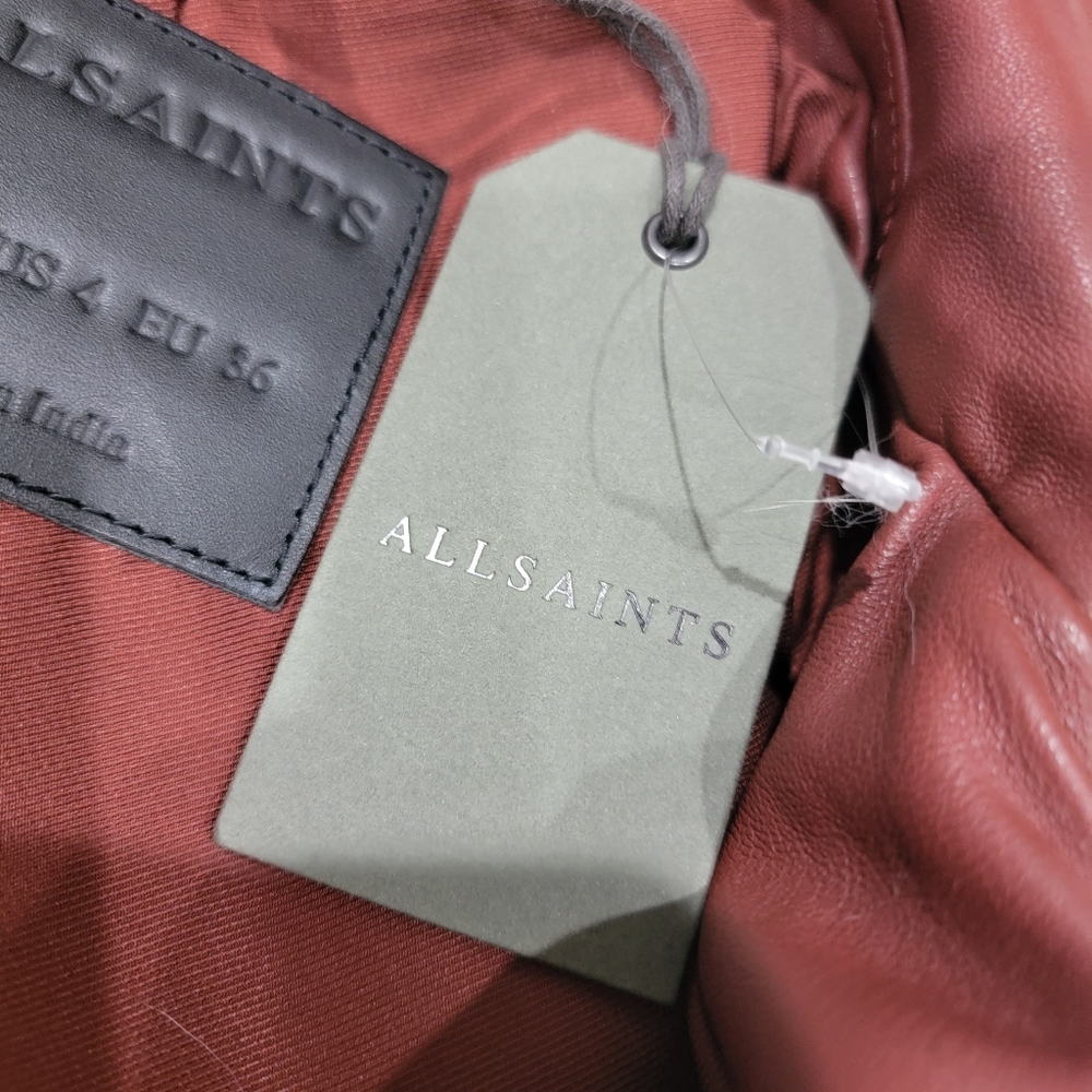 All Saints Balfern Leather Biker Jacket Fire Red Moto Burgundy Maroon Size 4 - Picture 6 of 7